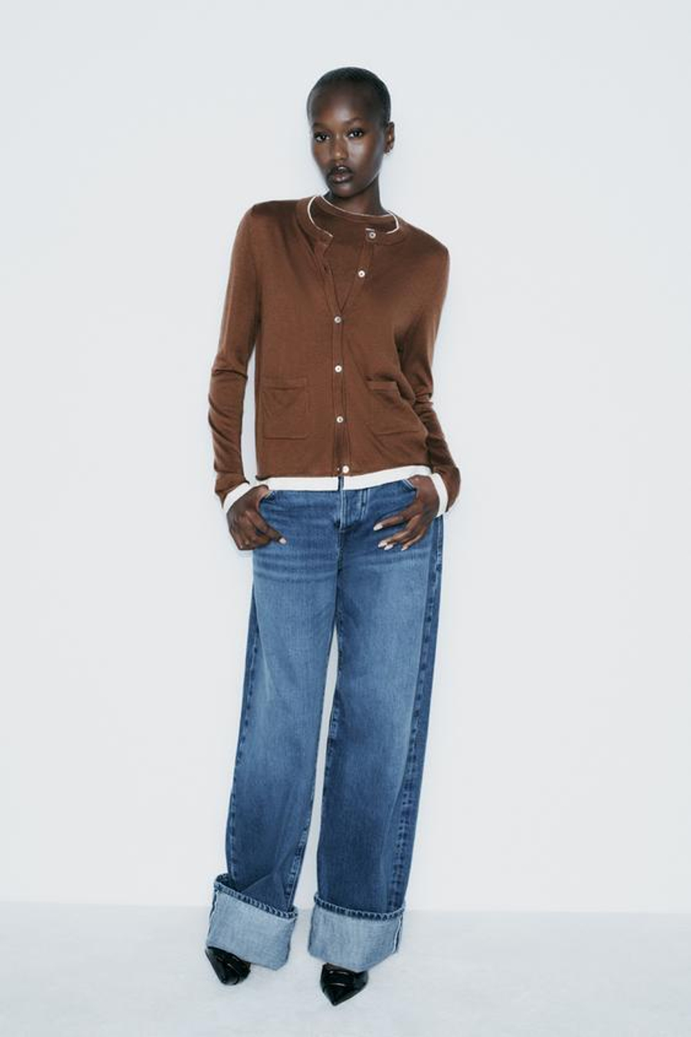 ZARA КАРДИГАН С КОНТРАСТНЫМИ КРОМКАМИ, КОРИЧНЕВЫЙ/ЭКРЮ