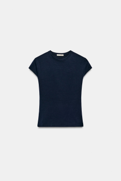 ZARA ФУТБОЛКА ОБЛЕГАЮЩЕГО КРОЯ С КОРОТКИМИ РУКАВАМИ, ТЕМНО-СИНИЙ