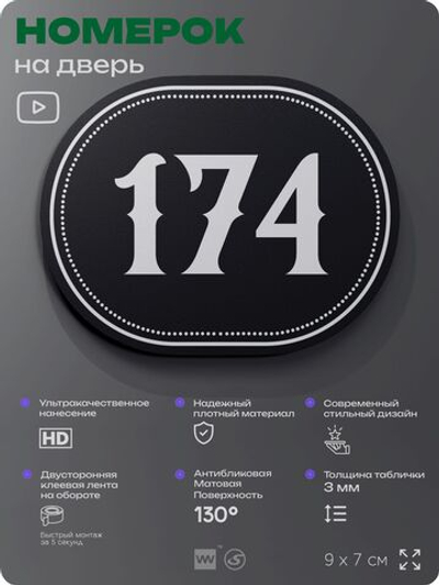 Номерок на дверь квартиры 174, для кабинета, офиса, шильдик 9 х 7 см, черный, Айдентика Технолоджи