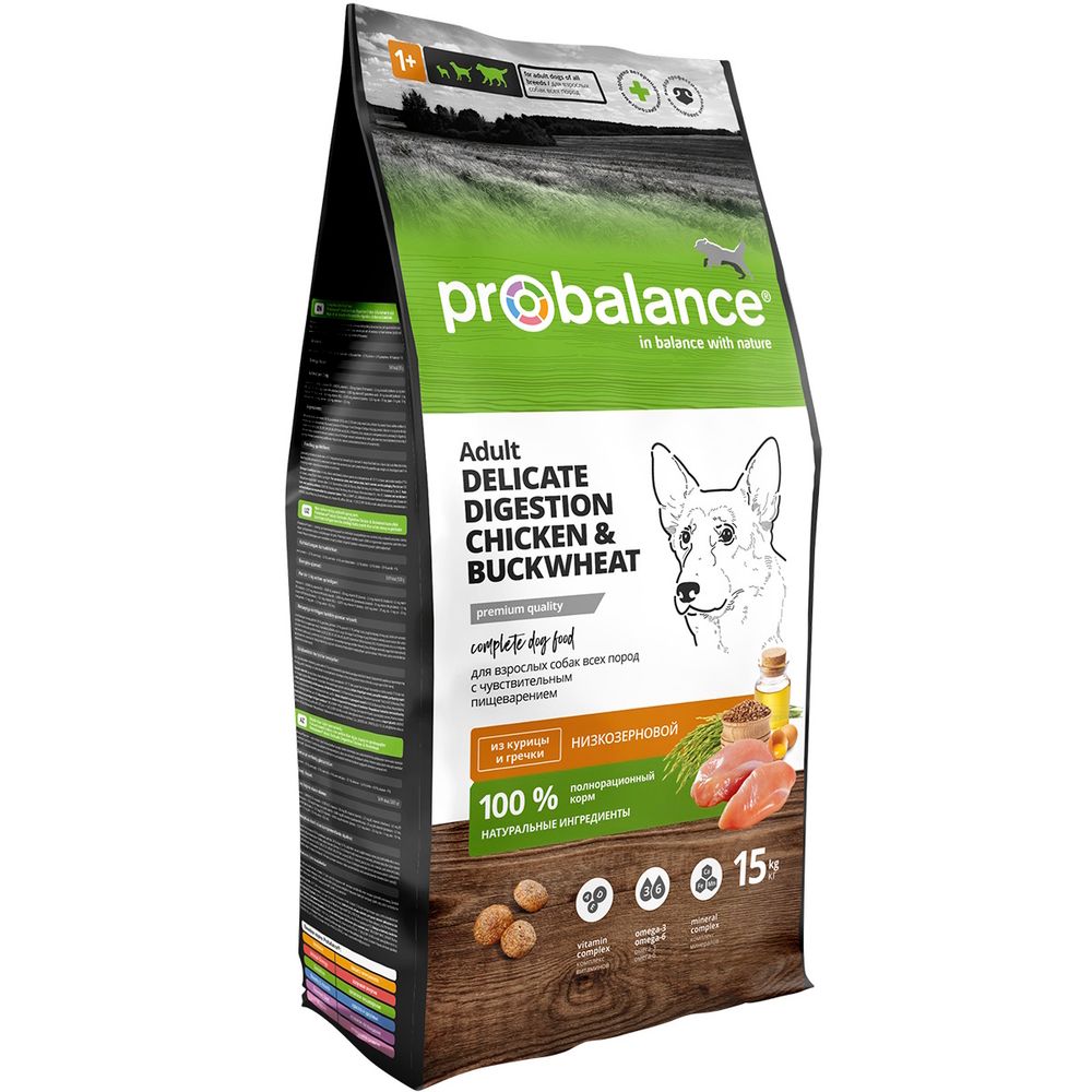 Сухой корм ProBalance Delicate Digestion для взрослых собак с курицей и гречкой, для профилактики нарушения пищеварения