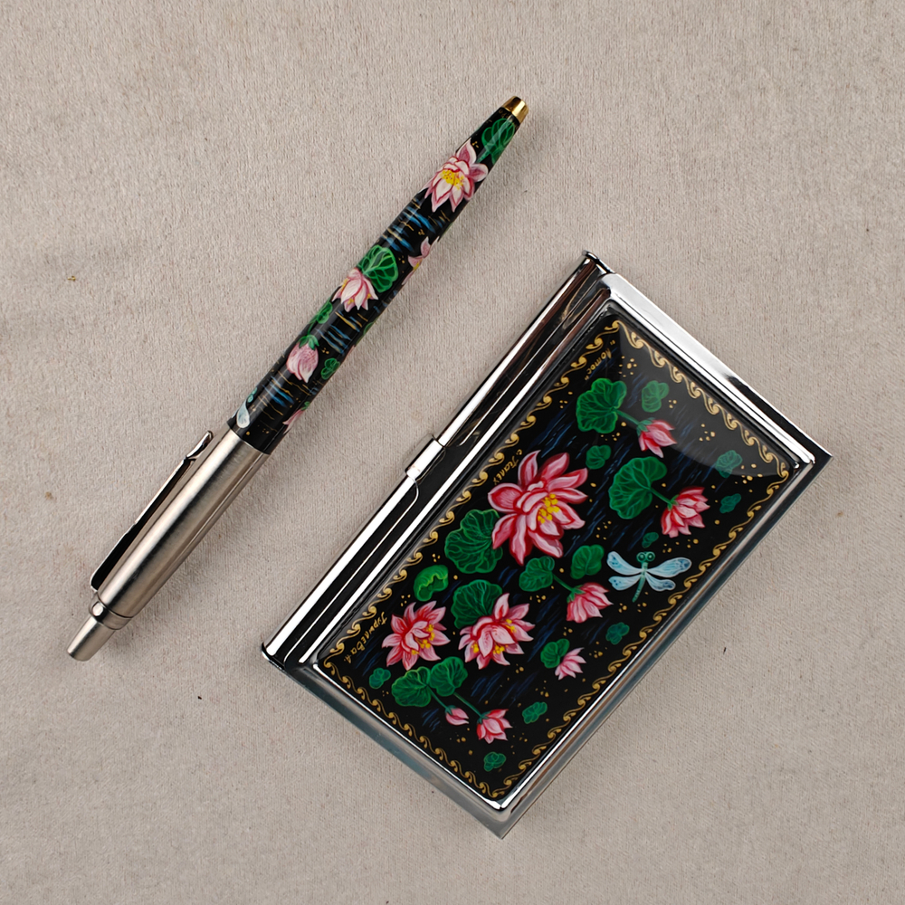 Подарочный набор "Лотосы" визитница с ручной росписью Палех и ручка Parker