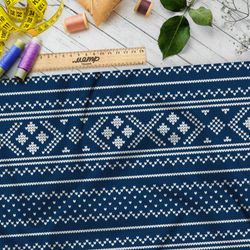 Ткань бифлекс белая полосатая вышивка на синем свитере