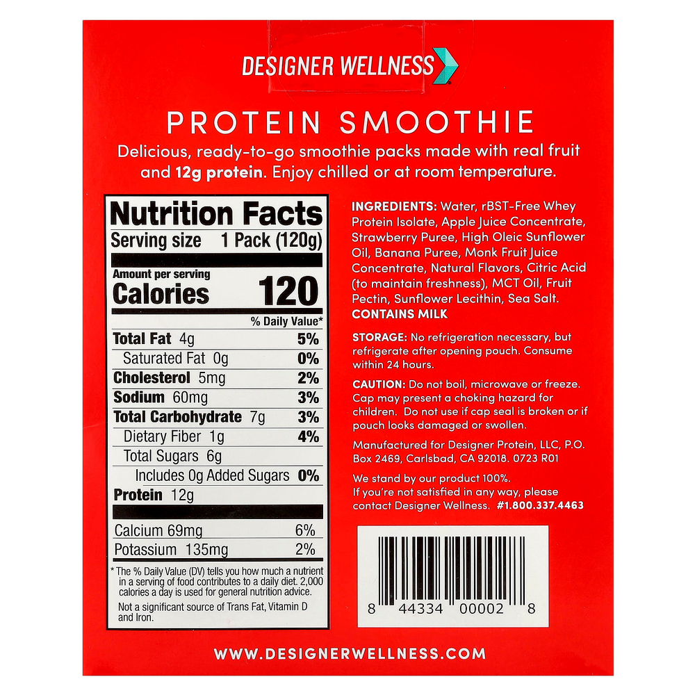 Designer Wellness, Протеиновый смузи, клубника и банан, 4 пакетика по 120 г (4,2 унции)