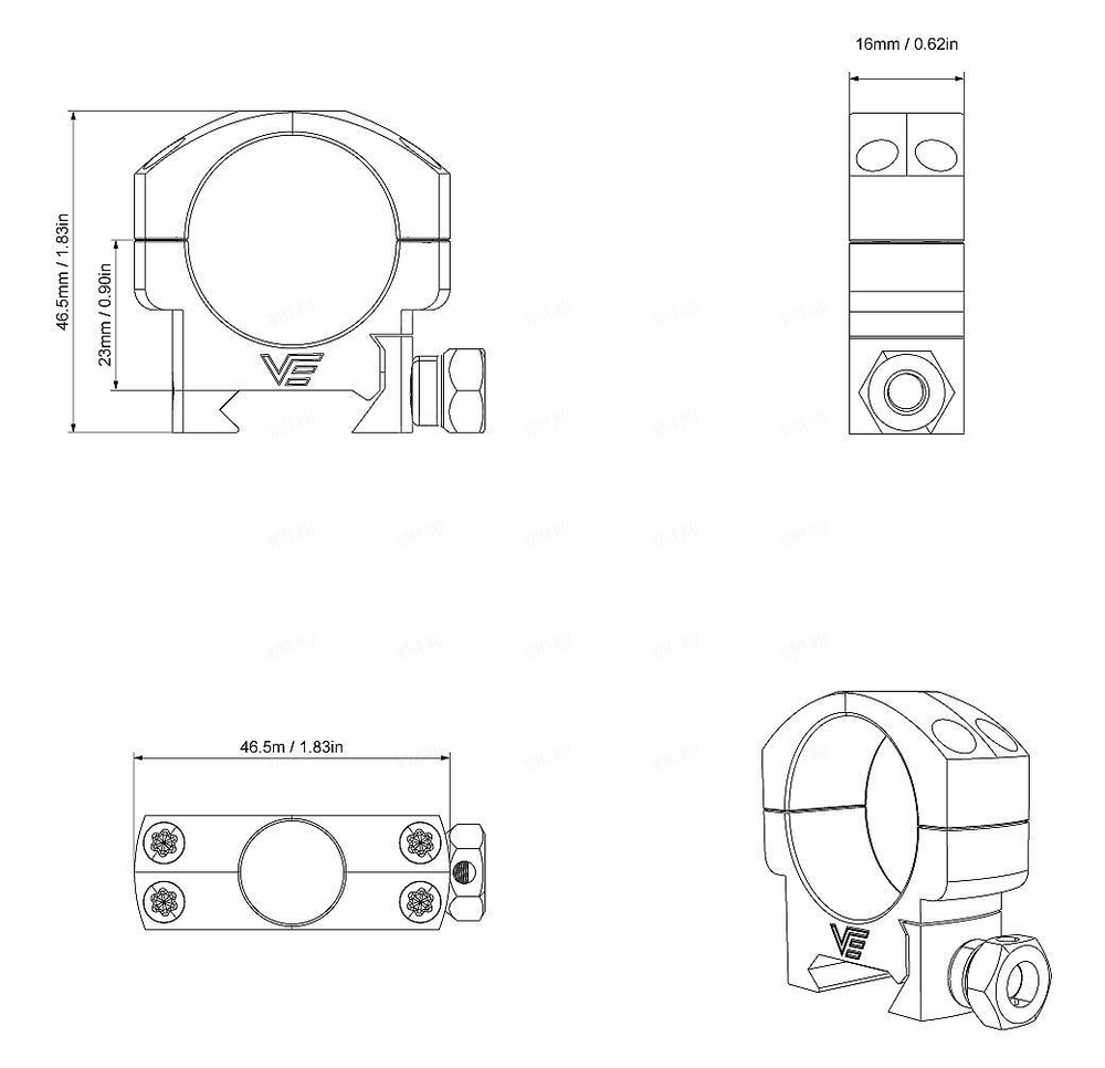 Кольца VECTOR Mark Low на базу Picatinny, ø30 мм (4 винта), BH=8 мм