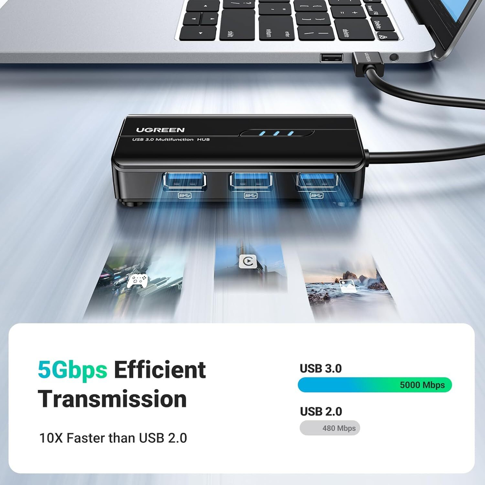 Конвертер USB 3.0 на LAN RJ-45,10/100/1000 Mbps + USB HUB 3 port, 0.2m UGREEN 20265