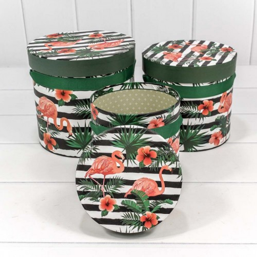 Коробка 18х17 см Набор 3 шт "Фламинго на чёрно-белом фоне" (Белый, Зеленый, Черный)