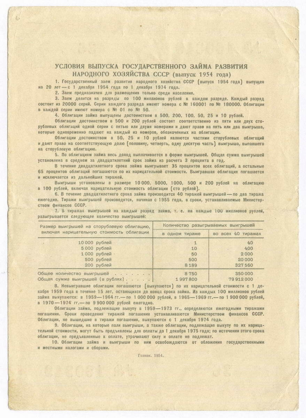 Облигация 100 рублей 1954 год. Серия № 160349. F-VF