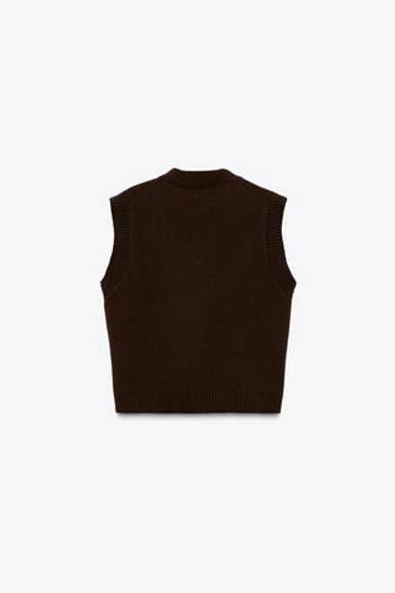 ZARA ОДНОТОННЫЙ ТРИКОТАЖНЫЙ ЖИЛЕТ, ТЕМНО-КОРИЧНЕВЫЙ