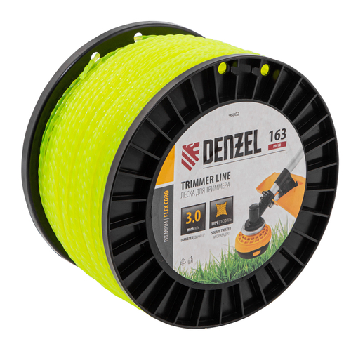 Леска для триммера витой квадрат, 3,0мм х 163м, на DIN катушке FLEX CORD Denzel