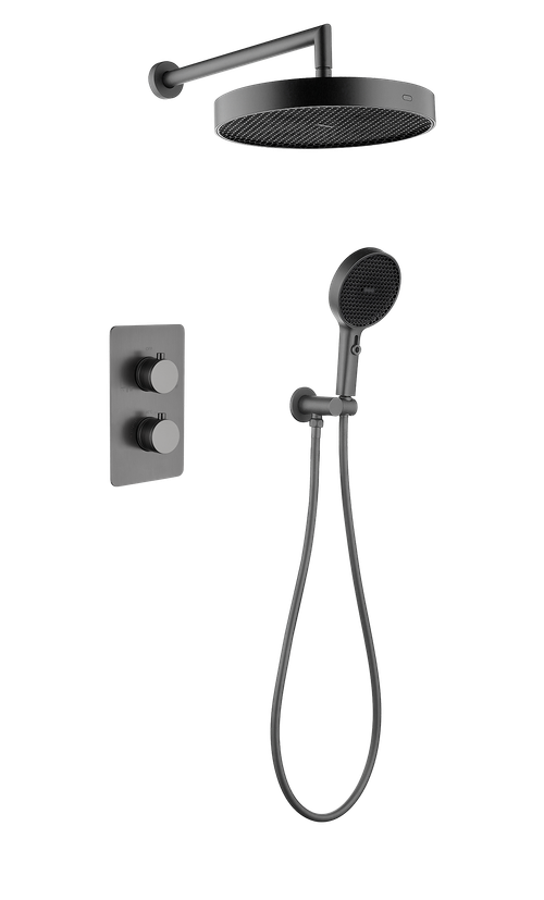 Boheme Комплект для душа CELL, лейка верхняя+ручная, встраиваемый смеситель с термостатом GUN METALL