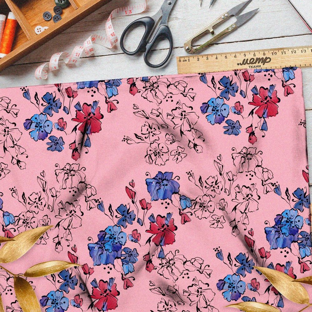 Ткань ниагара красные и синие цветы