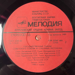 Винтажная виниловая пластинка LP Государственные Гимны Советского Союза И Союзных Республик (СССР 1989)