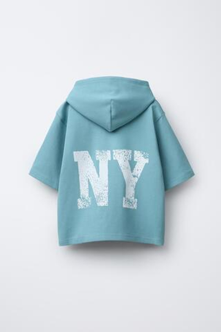 ZARA ХУДИ С КОРОТКИМИ РУКАВАМИ, КАПЮШОНОМ И НАДПИСЬЮ, СИНИЙ