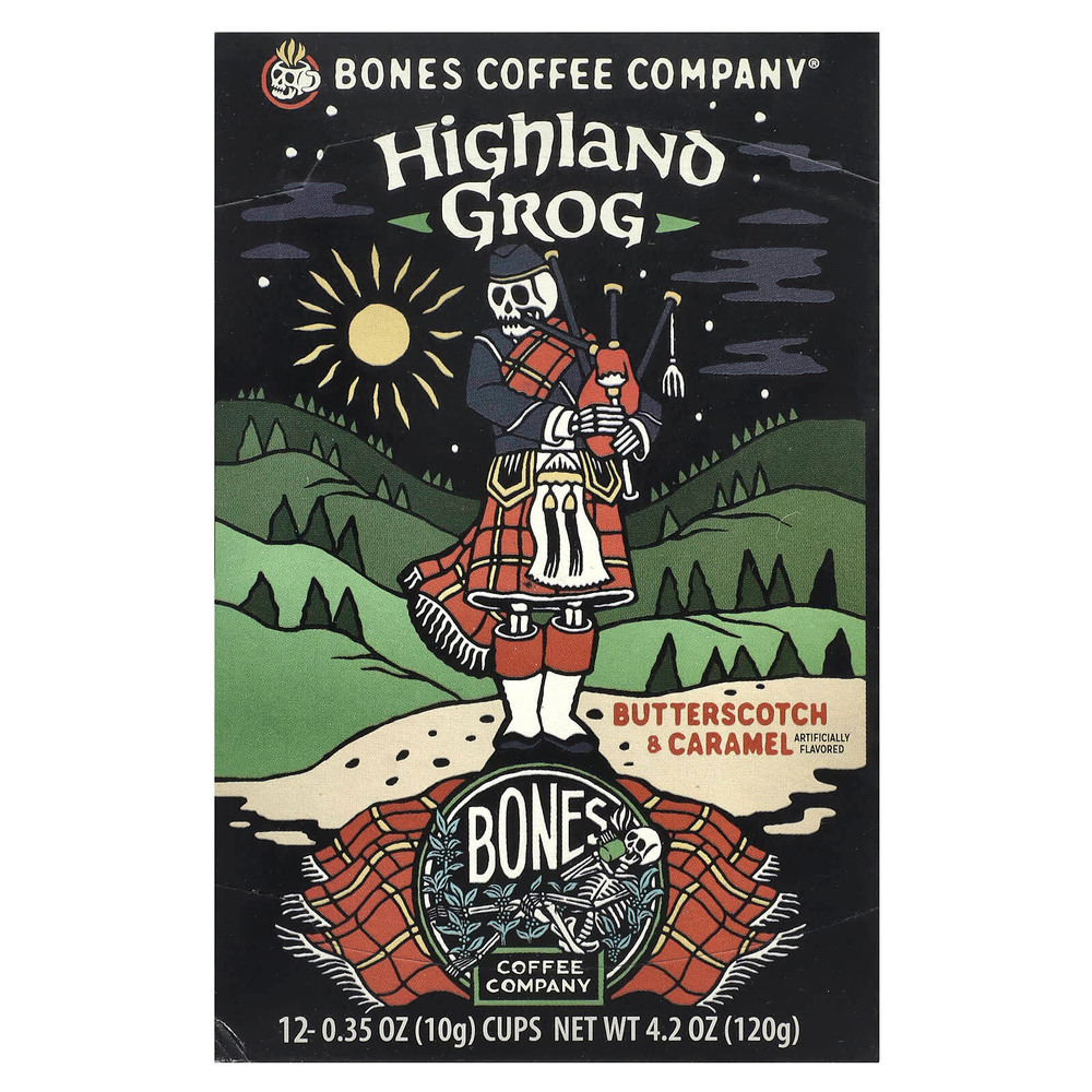 Bones Coffee Company, Highland Grog, кофейные чашки, ириска и карамель, 12 чашек по 10 г (0,35 унции)