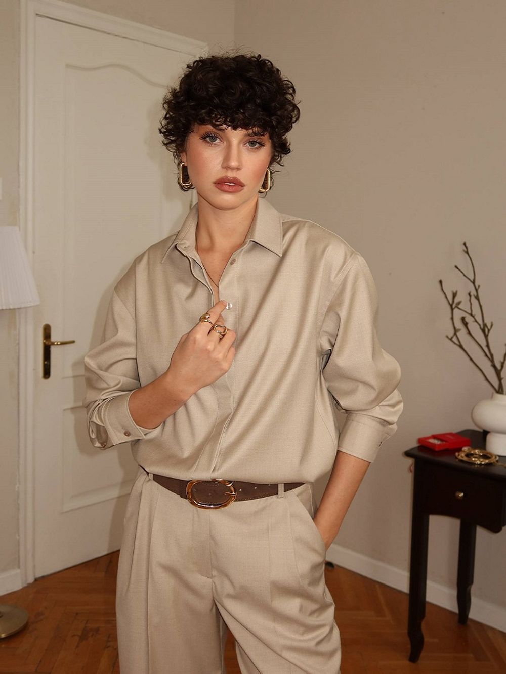 Брюки палаццо на молнии бежево-серые вискоза