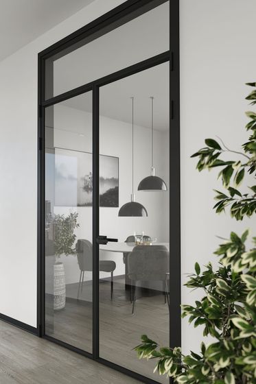 Модель 1AV в двустворчатом исполнении c фрамугой профиль чёрный матовый стекло прозрачное в алюминиевом моноблоке INTEGRAL в интерьере