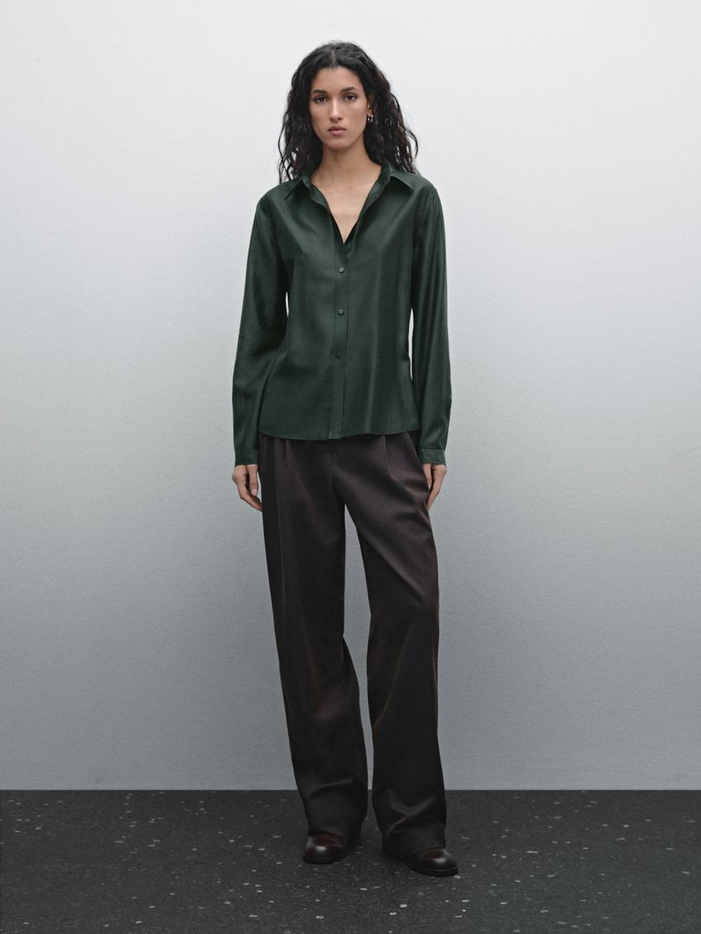 Massimo Dutti Рубашка из струящейся полупрозрачной ткани, темно-зеленый