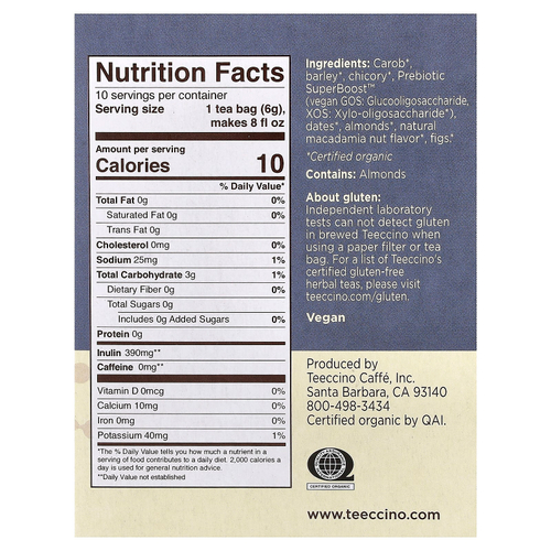 Teeccino, Травяной чай с пребиотиками, орехи макадамия, без кофеина, 10 чайных пакетиков, 60 г (2,12 унции)