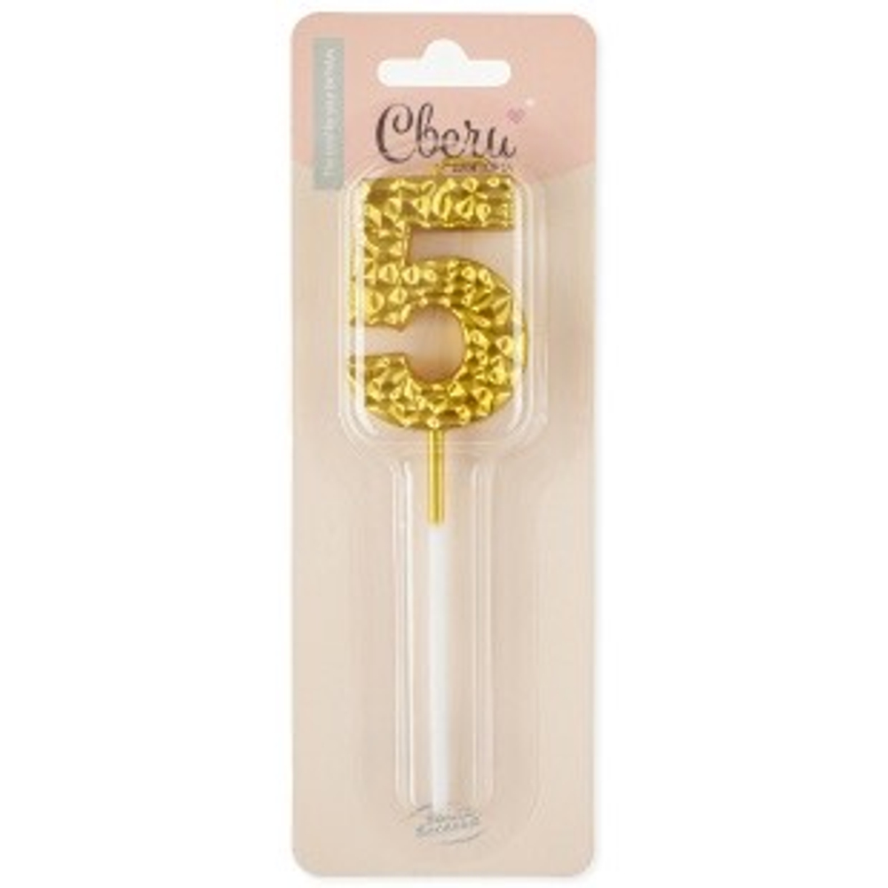 Свеча Цифра, 5 Кристалл, Золото, Металлик, 3,5*4,5 + 7 см, 1 шт. с держат.