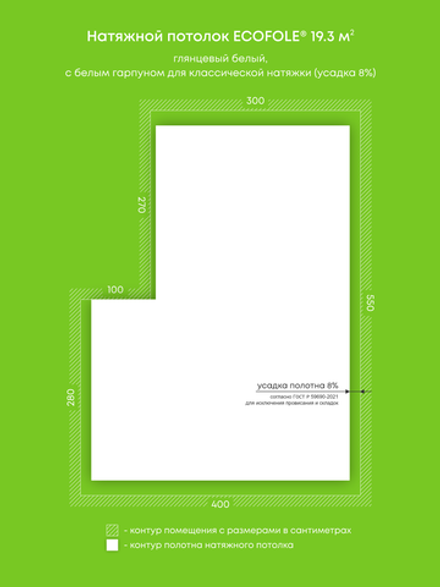 Глянцевый натяжной потолок 19.3 м2