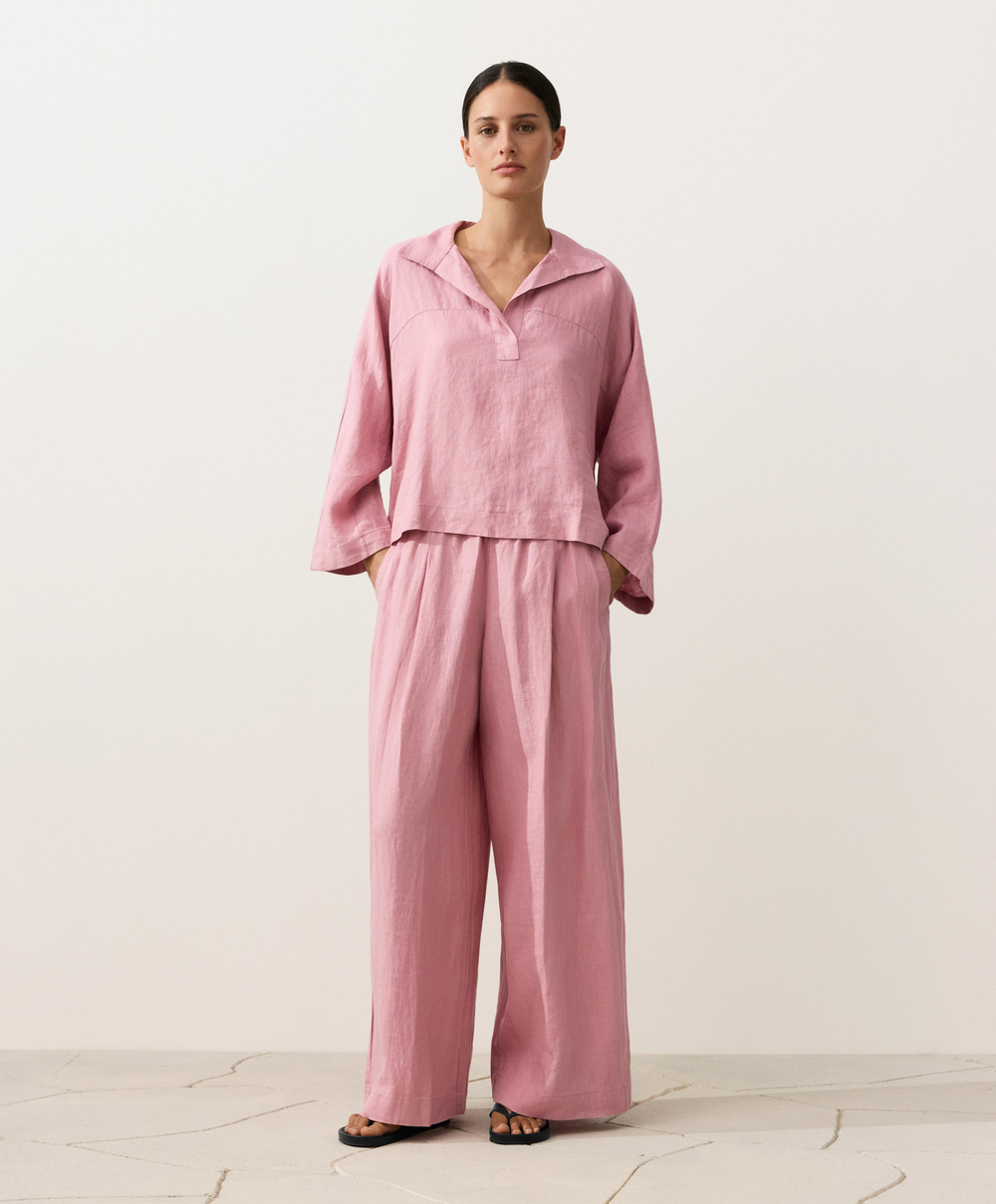 Oysho Рубашка-поло оверсайз с длинными рукавами из 100%-го льна, светло-розовый