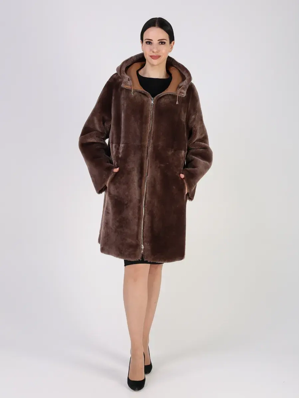 Дубленка зимняя двухсторонняя шуба с капюшоном