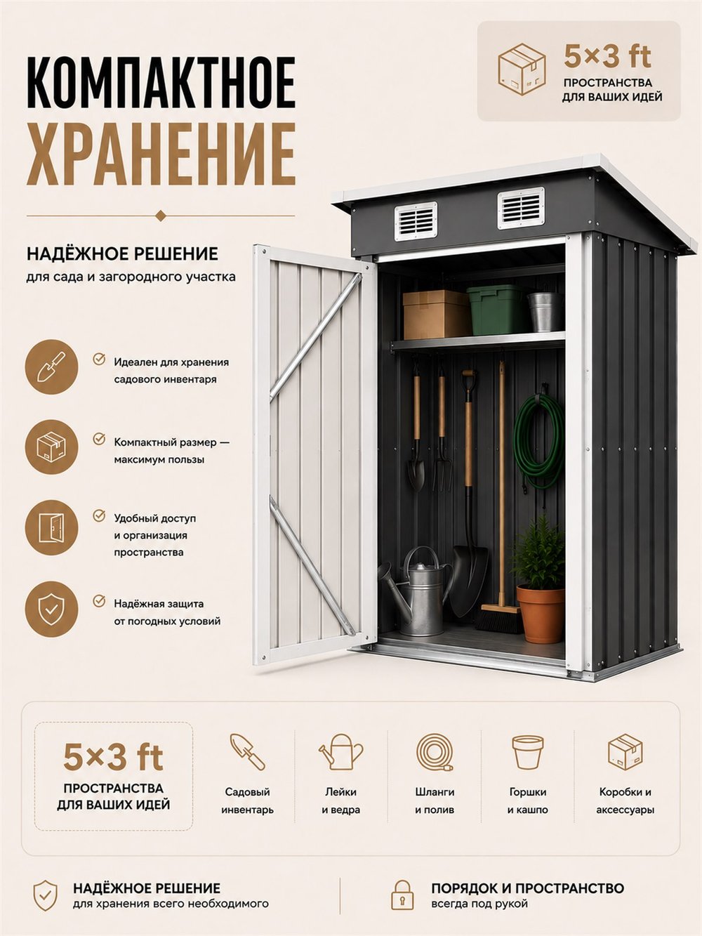 Металлический сарай 5×3, 148,5×83×184 см