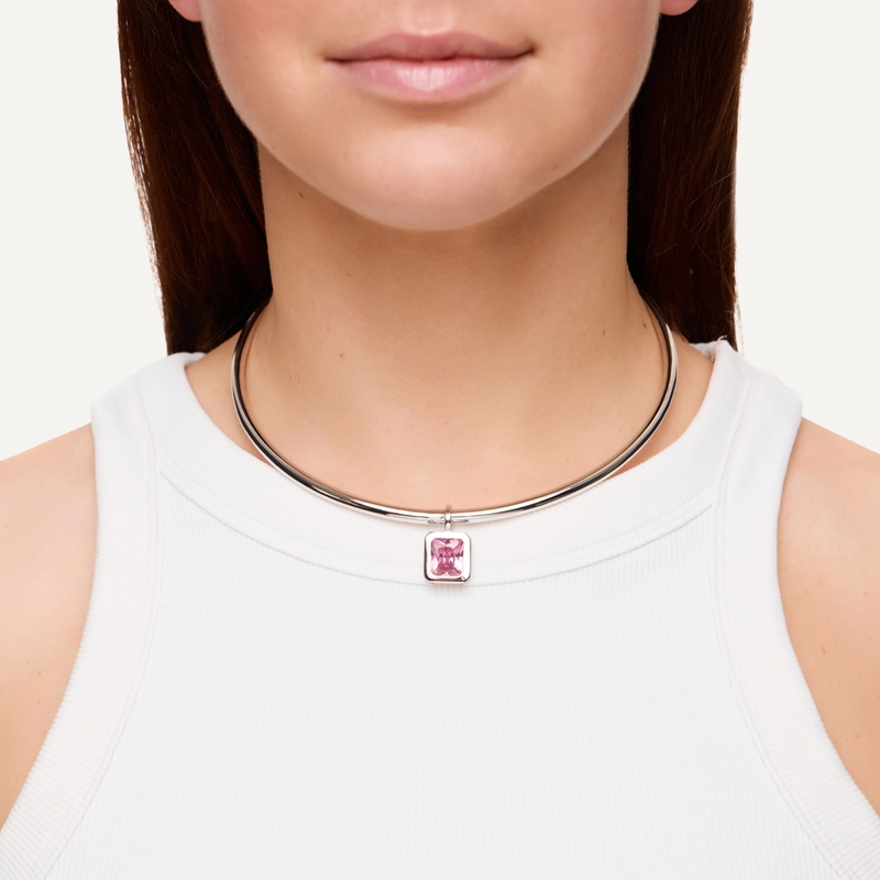 Чокер Жесткая Основа – Серебро, Розовый квадрат