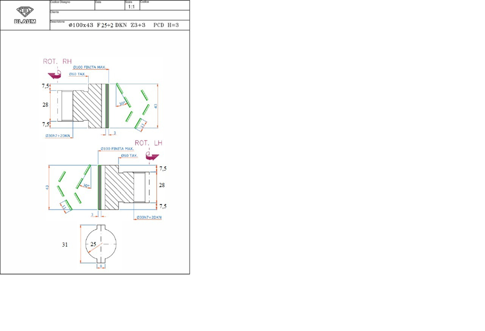 PCD фреза D.100x43x25+DKN Z=3+3 SYMM 2 шт.