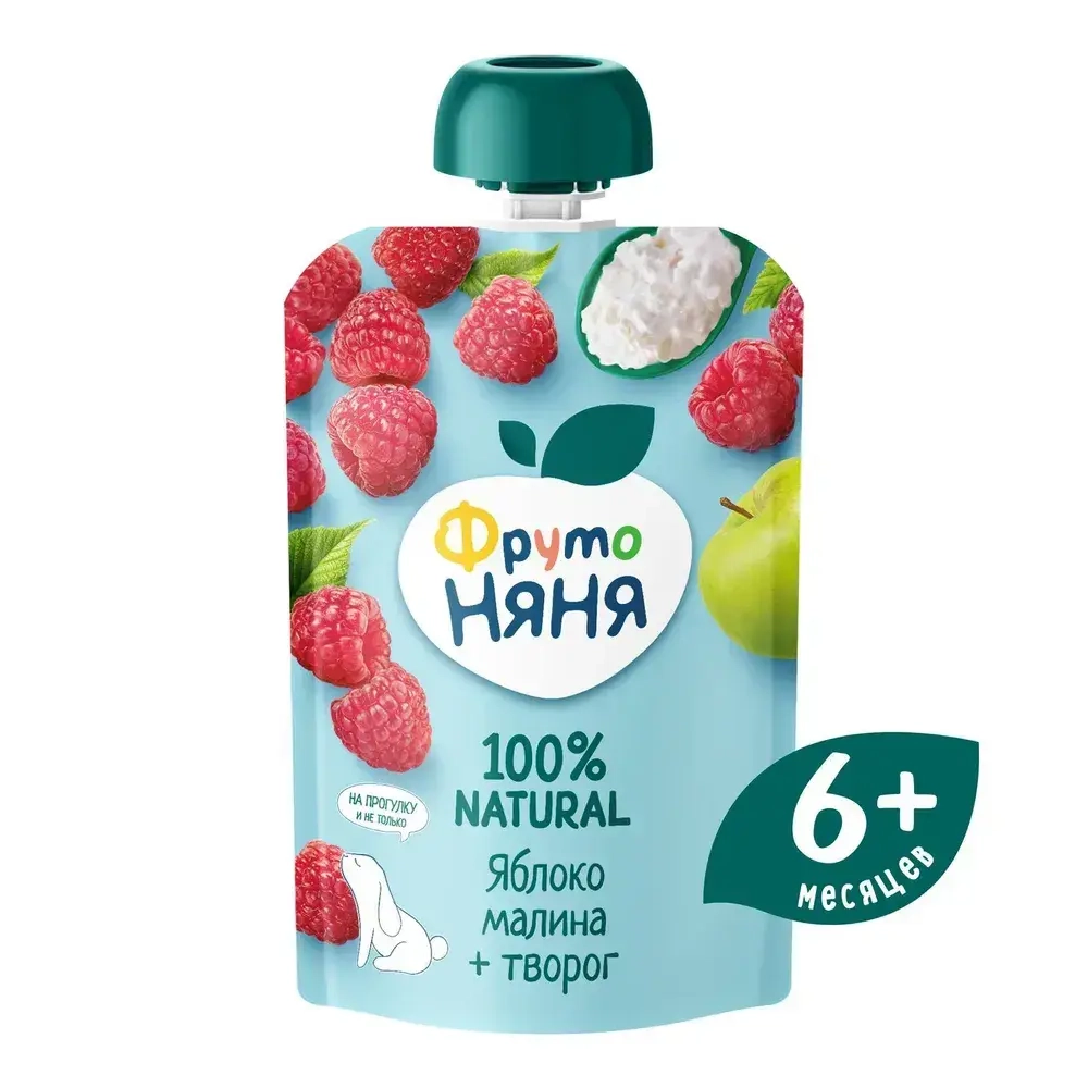 Пюре фруктовое ФрутоНяня с 6 месяцев, из яблок, малины и творога, 90 г