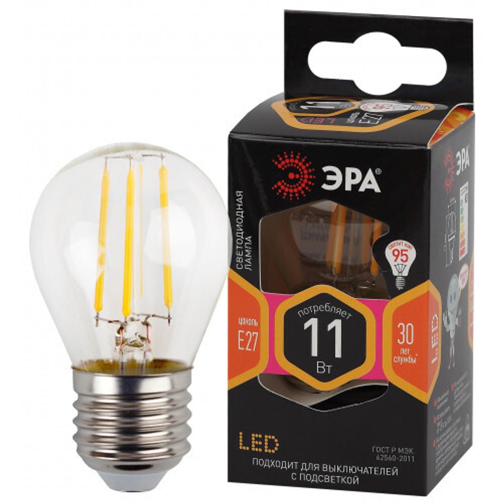 Лампочка светодиодная ЭРА F-LED P45-11W-827-E27 Е27 / Е27 11Вт филамент шар теплый белый свет