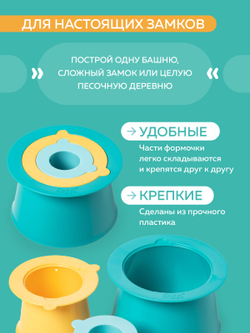 Формочки для 3-уровневых пирамид из песка и снега Quut Alto. Цвет: лагуна + жёлтый + винтажный зелёный (Lagoon + Yellow + Vintage)