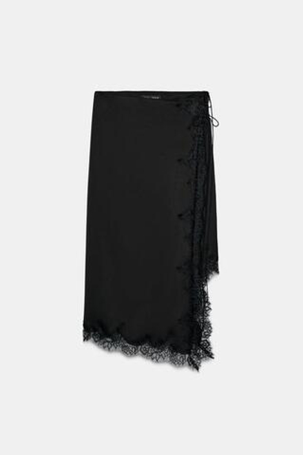 ZARA АТЛАСНАЯ ЮБКА С КРУЖЕВОМ — ZW COLLECTION, ЧЕРНЫЙ