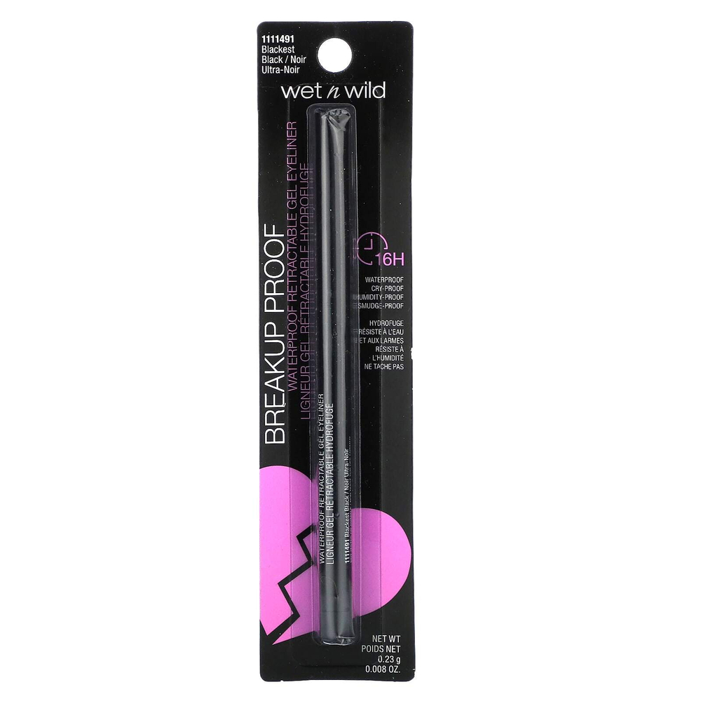 wet n wild, Breakup Proof, водостойкая выдвижная гелевая подводка для глаз, самый черный, 0,23 г (0,008 унции)