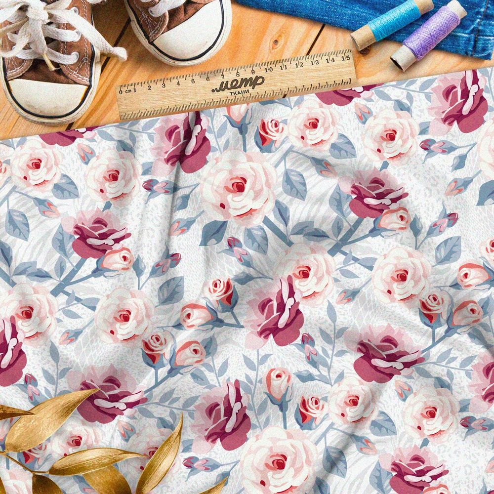 Ткань шелк Армани розовые розы на белом фоне