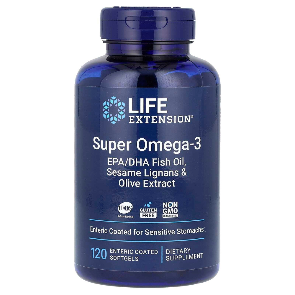 Life Extension, Super Omega-3, рыбий жир с ЭПК и ДГК, 120 капсул, покрытых кишечнорастворимой оболочкой