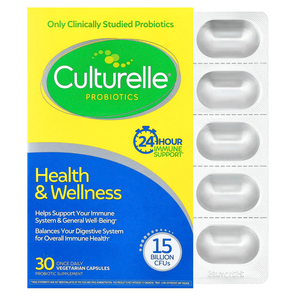 Culturelle, пробиотики, здоровье и хорошее самочувствие, 15 миллиардов КОЕ, 30 вегетарианских капсул для приема один раз в день
