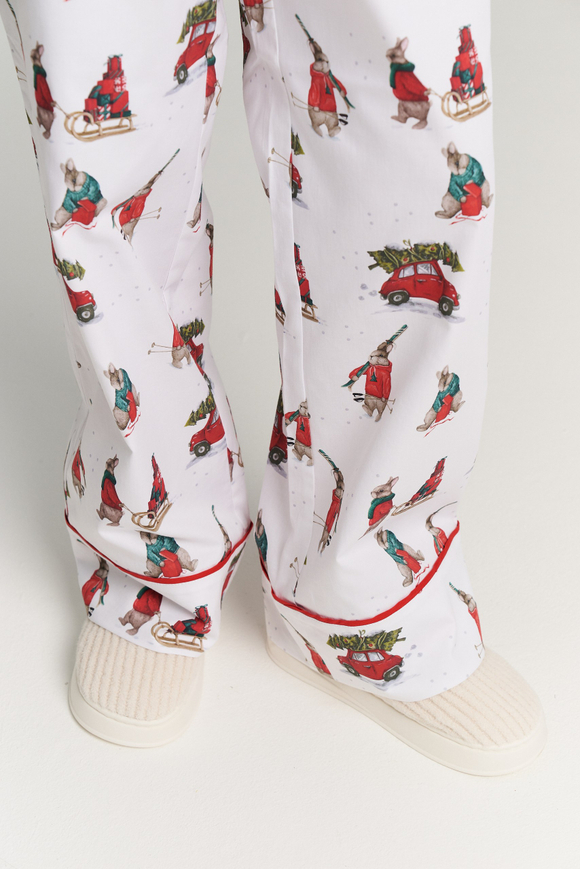 Брюки с кантом из сатина - новогодние зайки