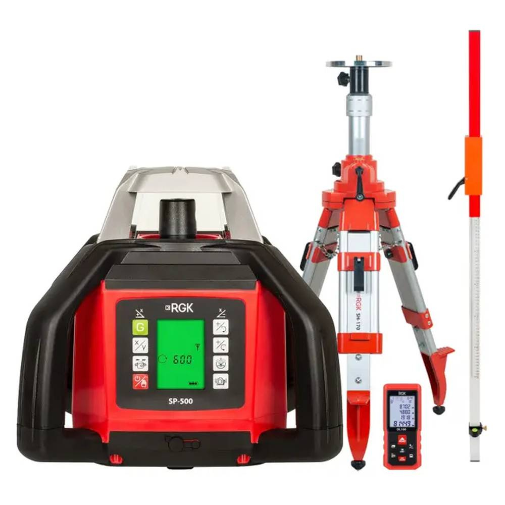 Комплект: ротационный нивелир RGK SP-500 + элевационный штатив RGK SH-170 + рейка RGK LR-2 + дальномер RGK DL100 134313