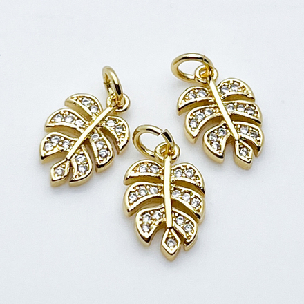 Подвеска Монстера, позолота, фианиты, размер 13*8 мм, цена за 1 шт