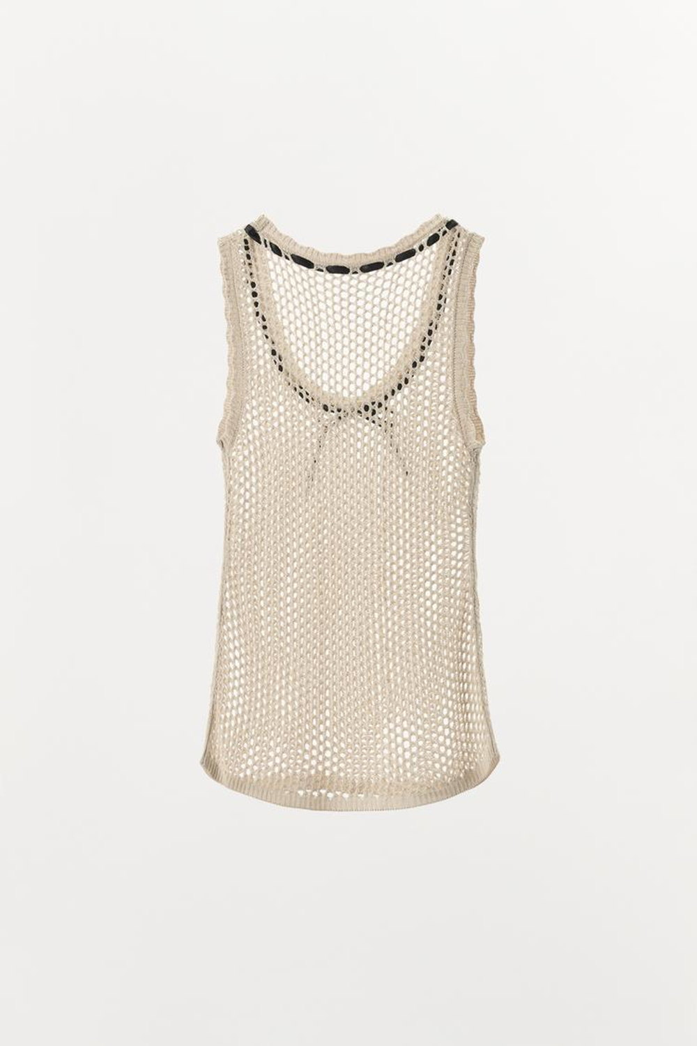 ZARA ТОП ИЗ АЖУРНОГО ТРИКОТАЖА С КОНТРАСТНЫМ БАНТОМ, ЖЕЛТОВАТО-БЕЛЫЙ