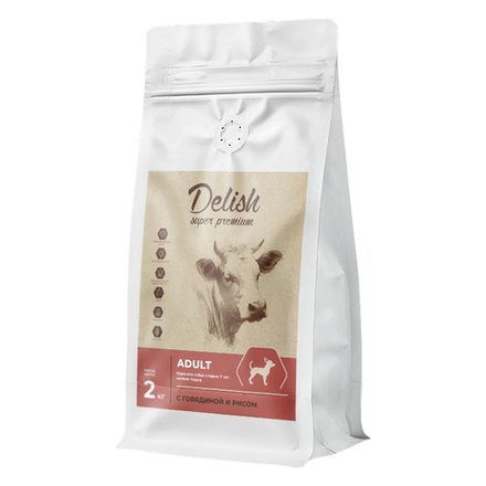 Сухой корм DELISH super premium лайт для собак мелких пород, старше 7 лет, с говядиной и рисом - 2 кг