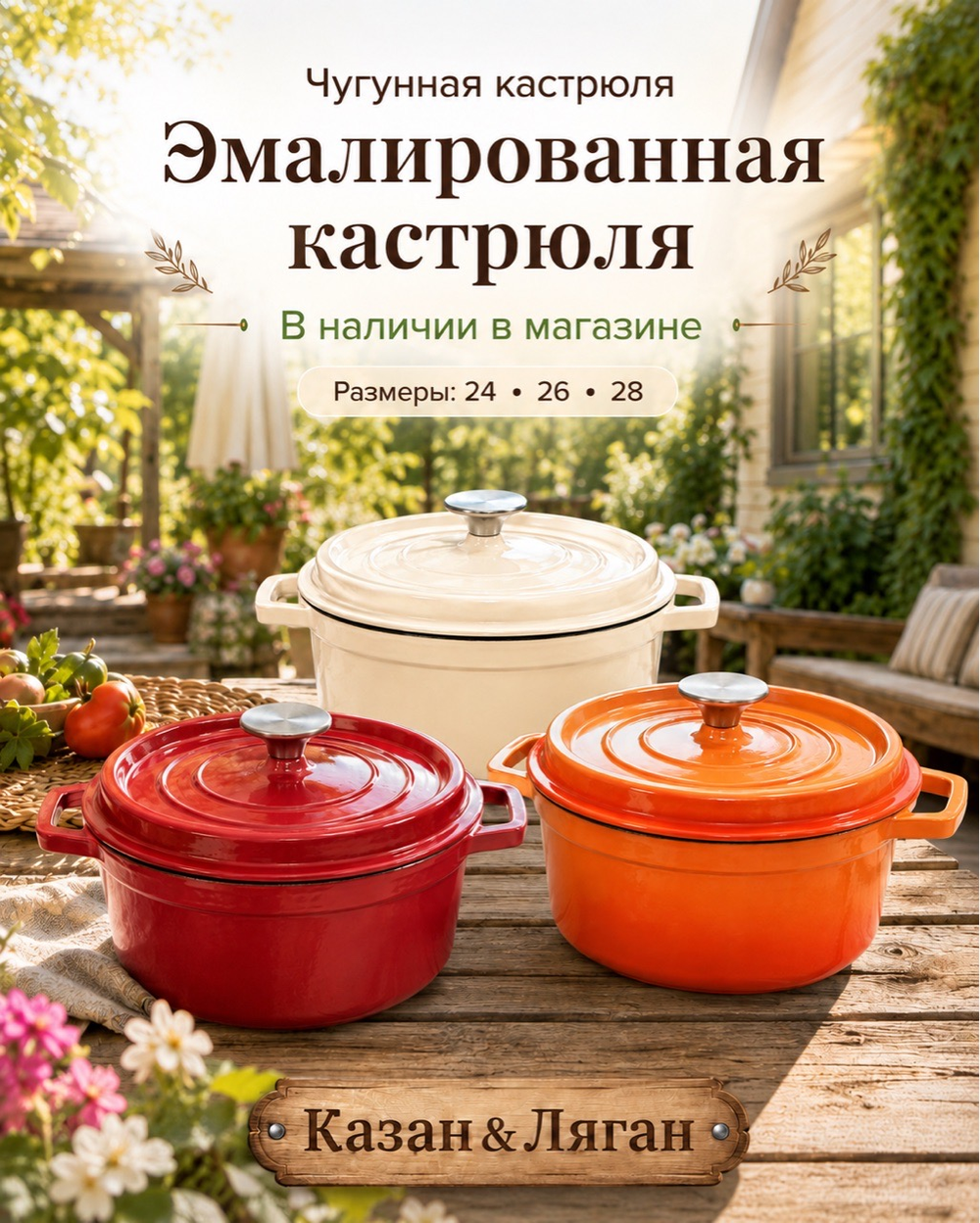 Кастрюля чугунная эмаль 28 см