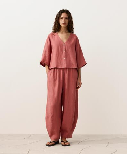 Oysho Рубашка с коротким рукавом из 100% льна, коралловый