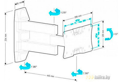 Кронштейн ЖК HOLDER LCDS - 5065, 19-32" 30 кг. накл. 20°, пов. 350°, черный глянец