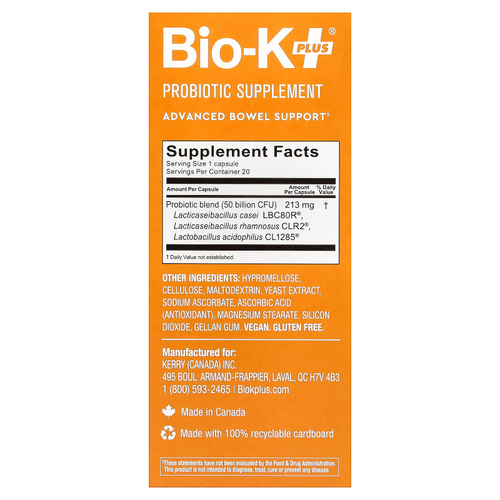 Bio-K+, добавка с пробиотиком, улучшенная поддержка кишечника, 20 капсул