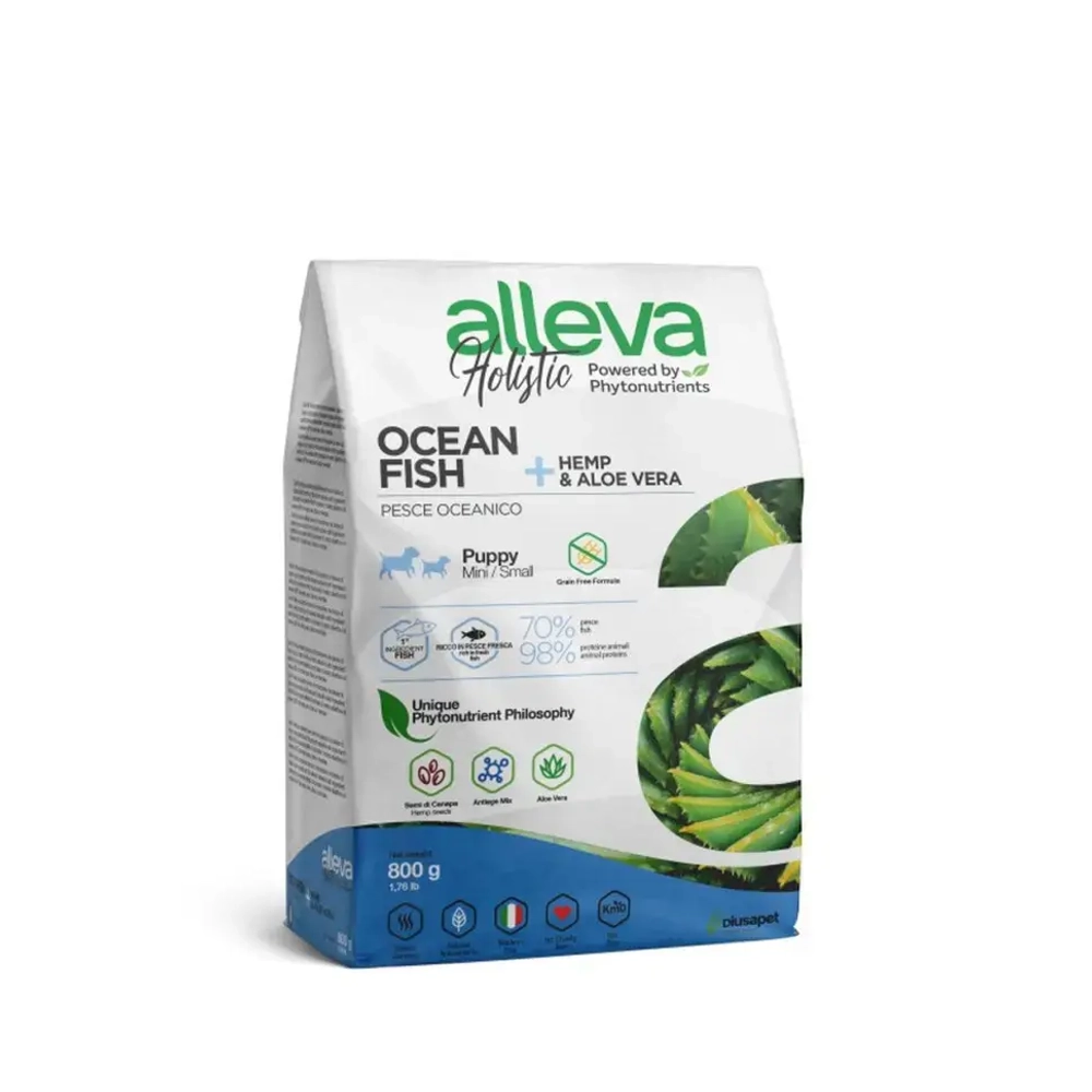 Alleva holistic puppy/junior ocean fish mini сухой корм для щенков и юниоров с океанической рыбой, коноплей и алое вера - 800 г