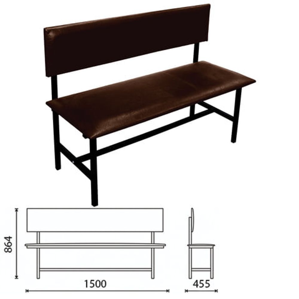 Банкетка со спинкой &quot;Берта&quot; 1500х455х864, усиленная, черный каркас, кожзам коричневый