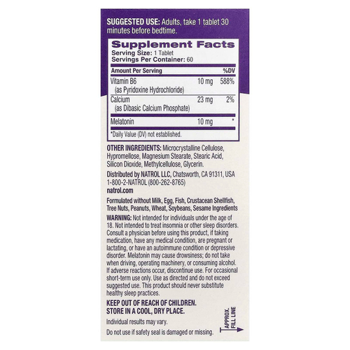 Natrol, мелатонин, медленное высвобождение, 10 мг, 60 таблеток