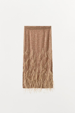 ZARA ЮБКА С ПАЙЕТКАМИ И ПЕРЬЯМИ, КОРИЧНЕВЫЙ